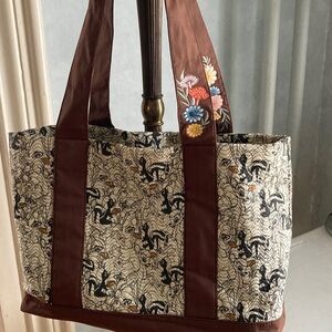 Disney Bambi & Flower Quilted Tote Brown Trim Floral Embroidered Straps